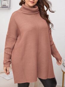 SHEIN LUNE Plus Turtleneck Batwing Sleeve Jumper - Dusty Pink - View 5