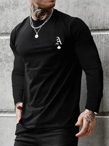 Manfinity Homme Áo thun dài tay in hình bài tây nam, quà tặng cho bạn trai - màu đen - Xem 1