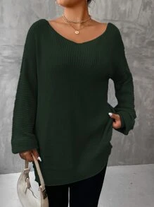 SHEIN LUNE Áo len Plus Size Chia màu trơn Giải trí - Màu xanh lá cây đậm - Xem 1