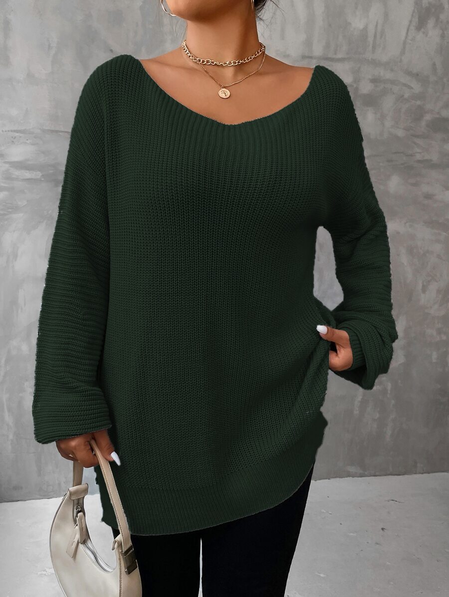 SHEIN LUNE Áo len Plus Size Chia màu trơn Giải trí - Màu xanh lá cây đậm - Xem 1