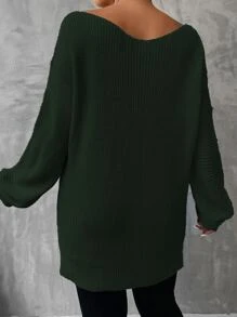 SHEIN LUNE Áo len Plus Size Chia màu trơn Giải trí - Màu xanh lá cây đậm - Xem 2