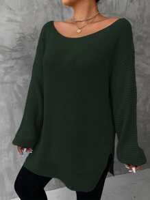 SHEIN LUNE Áo len Plus Size Chia màu trơn Giải trí - Màu xanh lá cây đậm - Xem 3