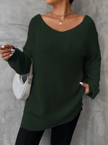 SHEIN LUNE Áo len Plus Size Chia màu trơn Giải trí - Màu xanh lá cây đậm - Xem 5