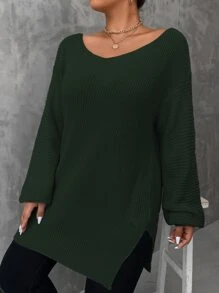 SHEIN LUNE Áo len Plus Size Chia màu trơn Giải trí - Màu xanh lá cây đậm - Xem 6