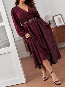 SHEIN Frenchy Plus Dalmatian Print Lantern Sleeve Dress Without Belt - Maroon - View 1