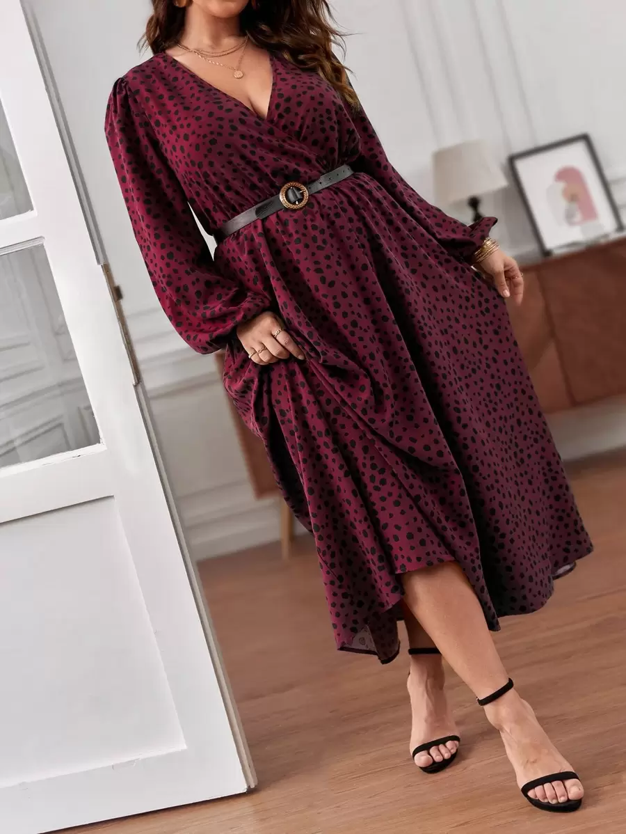 SHEIN Frenchy Plus Dalmatian Print Lantern Sleeve Dress Without Belt - Maroon - View 1