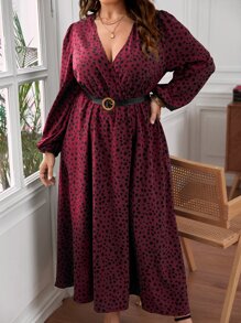 SHEIN Frenchy Plus Dalmatian Print Lantern Sleeve Dress Without Belt - Maroon - View 2