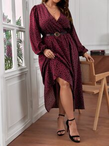 SHEIN Frenchy Plus Dalmatian Print Lantern Sleeve Dress Without Belt - Maroon - View 3