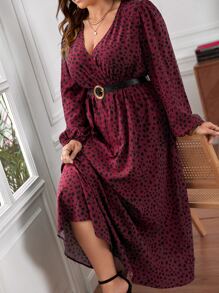 SHEIN Frenchy Plus Dalmatian Print Lantern Sleeve Dress Without Belt - Maroon - View 6