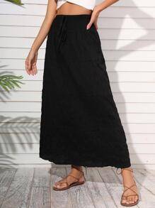 SHEIN Holidaya Shirred Tie Front Maxi Skirt - Black - View 3