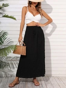 SHEIN Holidaya Shirred Tie Front Maxi Skirt - Black - View 5