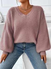 Calvaya Plus Lantern Sleeve Ribbed Knit Jumper - Dusty Pink - View 1
