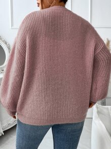 Calvaya Plus Lantern Sleeve Ribbed Knit Jumper - Dusty Pink - View 2