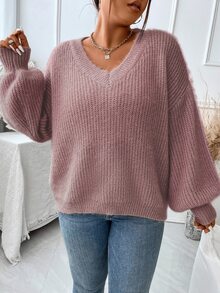Calvaya Plus Lantern Sleeve Ribbed Knit Jumper - Dusty Pink - View 3