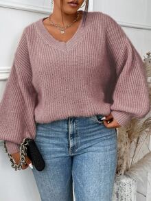 Calvaya Plus Lantern Sleeve Ribbed Knit Jumper - Dusty Pink - View 4