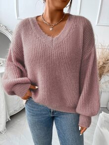 Calvaya Plus Lantern Sleeve Ribbed Knit Jumper - Dusty Pink - View 5