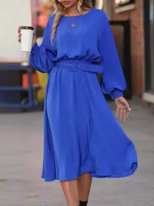 Lantern Sleeve Buckle Belted Dress - Blue - View 1
