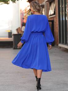 Lantern Sleeve Buckle Belted Dress - Blue - View 2