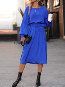 Lantern Sleeve Buckle Belted Dress - Blue - View 3