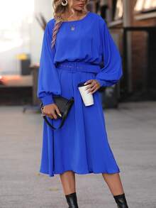 Lantern Sleeve Buckle Belted Dress - Blue - View 4