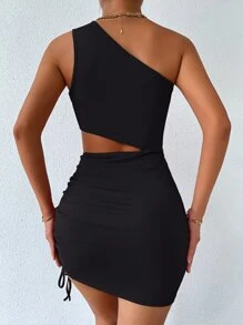 Chiquease Vestido ajustado de un hombro con abertura con cordón - Negro - Ver 2