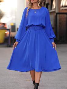Lantern Sleeve Buckle Belted Dress - Blue - View 8