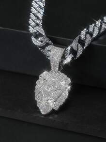 嘻哈適合女士男士時尚水鑽獅子頭吊墜項鏈完美首飾類禮品適合派對 - 銀色 - 查看 1