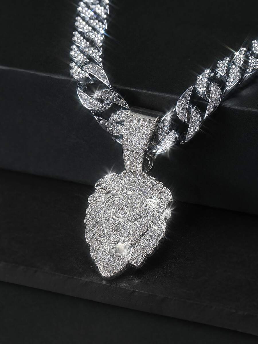 嘻哈適合女士男士時尚水鑽獅子頭吊墜項鏈完美首飾類禮品適合派對 - 銀色 - 查看 1