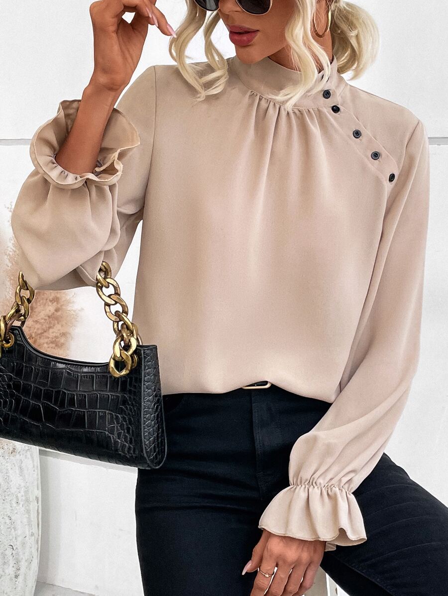 SHEIN Unity Mock Neck Flounce Sleeve Fake Button Tweed Blouse - Apricot - View 1