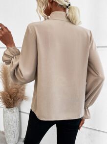 SHEIN Unity Mock Neck Flounce Sleeve Fake Button Tweed Blouse - Apricot - View 2
