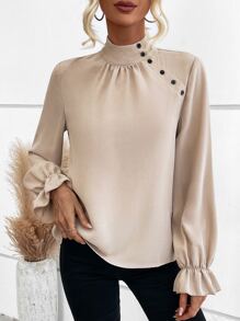 SHEIN Unity Mock Neck Flounce Sleeve Fake Button Tweed Blouse - Apricot - View 3