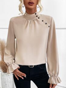 SHEIN Unity Mock Neck Flounce Sleeve Fake Button Tweed Blouse - Apricot - View 4