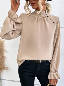 SHEIN Unity Mock Neck Flounce Sleeve Fake Button Tweed Blouse - Apricot - View 5