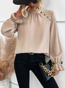 SHEIN Unity Mock Neck Flounce Sleeve Fake Button Tweed Blouse - Apricot - View 6