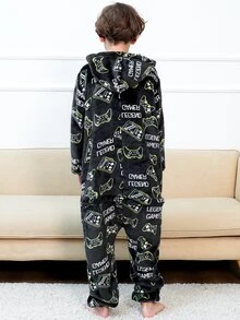 青少年男孩黑色游戏机连体裤家居服 - 黑色 - 查看 2