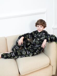 青少年男孩黑色游戏机连体裤家居服 - 黑色 - 查看 3