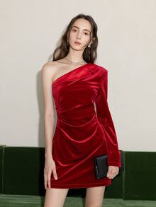 單肩拼接面絲絨連衣裙 - 紅色 - 查看 4