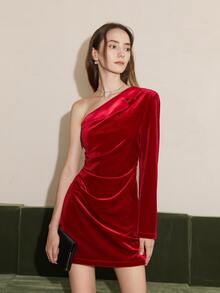 單肩拼接面絲絨連衣裙 - 紅色 - 查看 5