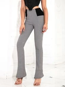 D&M Colourblock Plaid High Waist Trousers - Grey - View 1