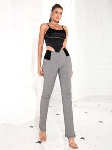 D&M Colourblock Plaid High Waist Trousers - Grey - View 8