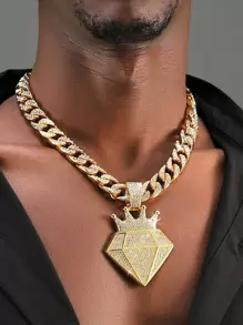 嘻哈適合女士男士水鑽裝飾鑽石形狀吊墜項鍊完美首飾類禮品適合派對 - 金黃色 - 查看 1