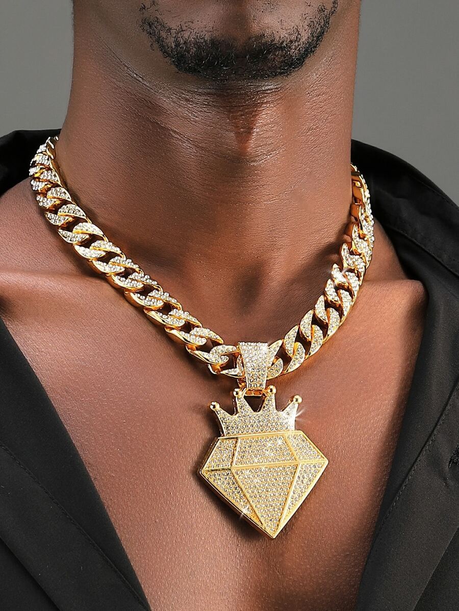 嘻哈適合女士男士水鑽裝飾鑽石形狀吊墜項鍊完美首飾類禮品適合派對 - 金黃色 - 查看 1