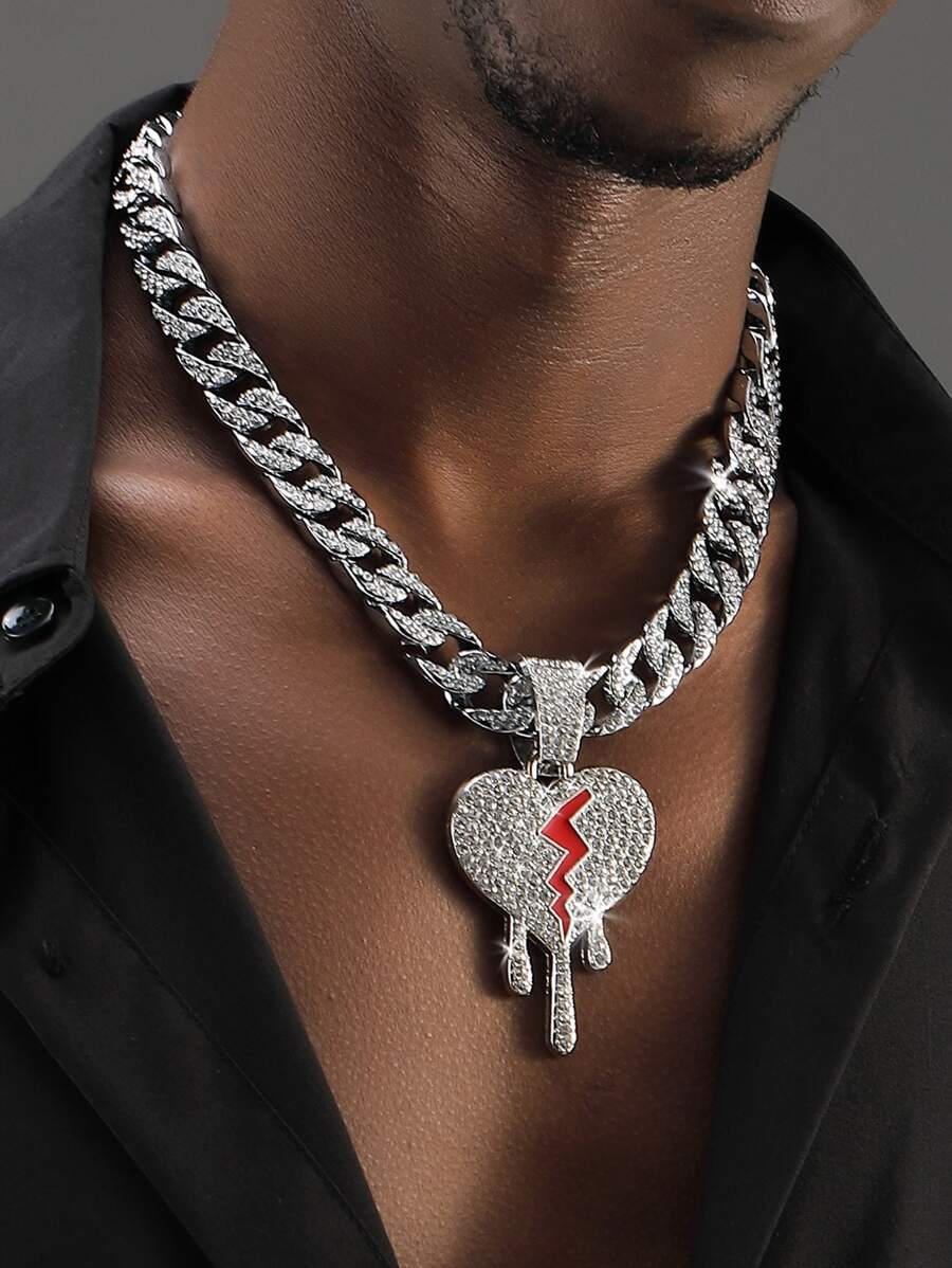 嘻哈適合女士男士水鑽愛心掛飾項鍊完美首飾類禮品適合派對合金適合派對 - 銀色 - 查看 1