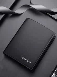 Billetera pequeña con pliegue gráfico y letras para hombre, monedero pequeño con bolsillo para monedas, billetera plegable para hombre con ventana de identificación - Negro - Ver 2