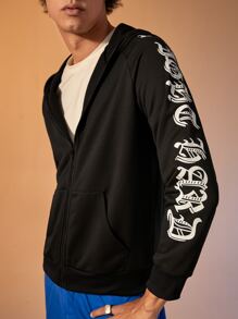 Manfinity Sport Corelite Men Letter Graphic Zip Up Hoodie , Fall, Long Sleeve Top - Black - View 3