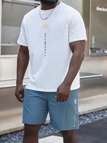 Manfinity Homme 男士字母圖案T恤和短褲 - 藍白色 - 查看 1