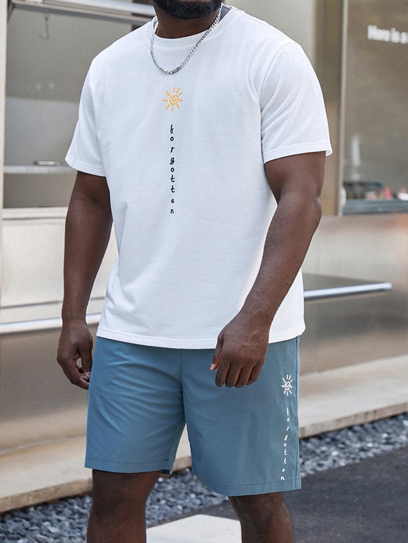 Manfinity Homme 男士字母圖案T恤和短褲 - 藍白色 - 查看 1