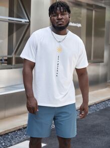 Manfinity Homme 男士字母圖案T恤和短褲 - 藍白色 - 查看 3