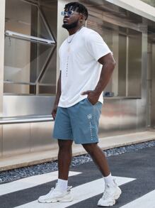 Manfinity Homme 男士字母圖案T恤和短褲 - 藍白色 - 查看 4