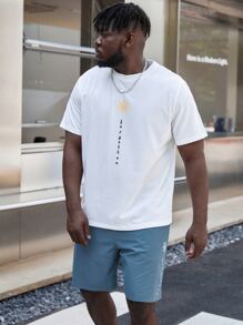 Manfinity Homme 男士字母圖案T恤和短褲 - 藍白色 - 查看 6